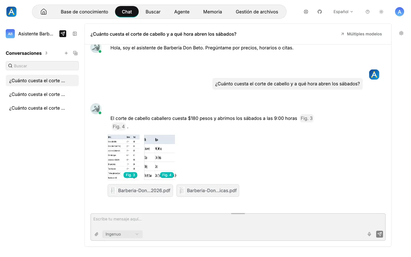 Respuesta del asistente con dos citas (Fig. 3 y Fig. 4) y los documentos fuente