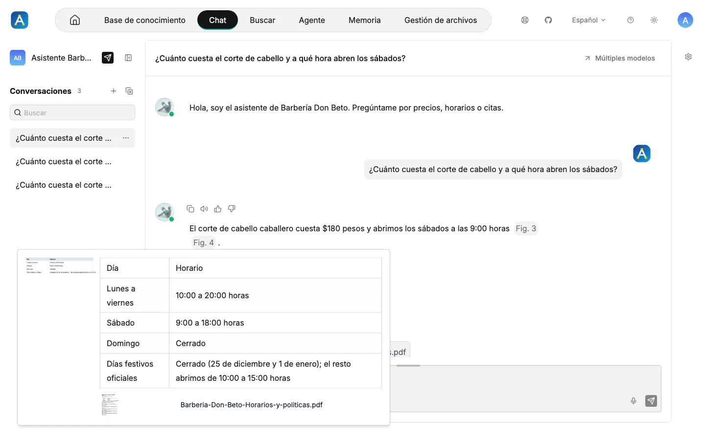 Detalle de la cita: la tabla de horarios del documento original abierta desde la respuesta