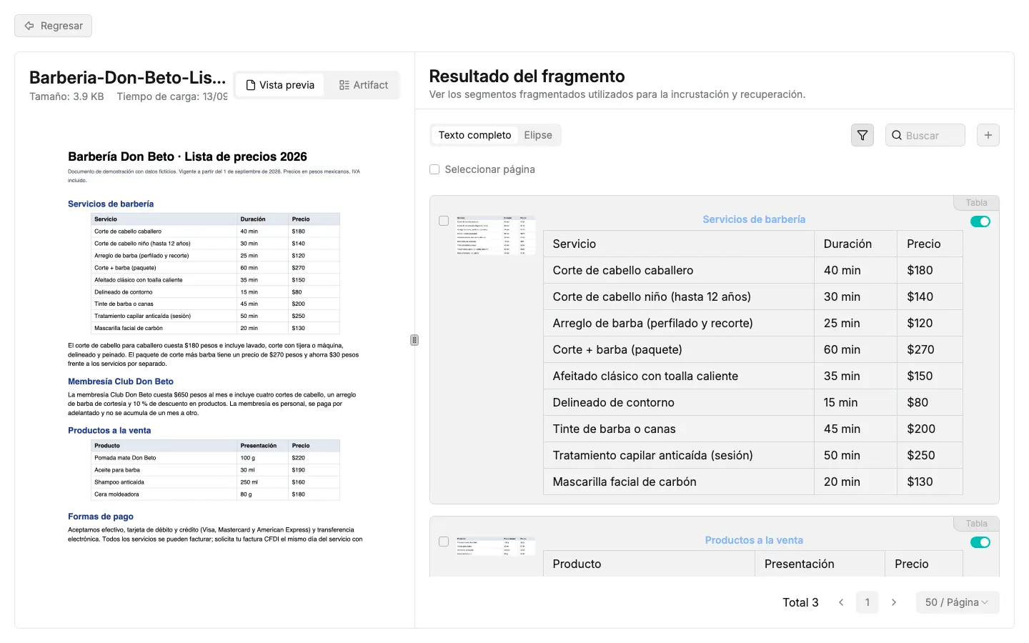 Vista de fragmentos: tabla de servicios y precios extraída del PDF, editable