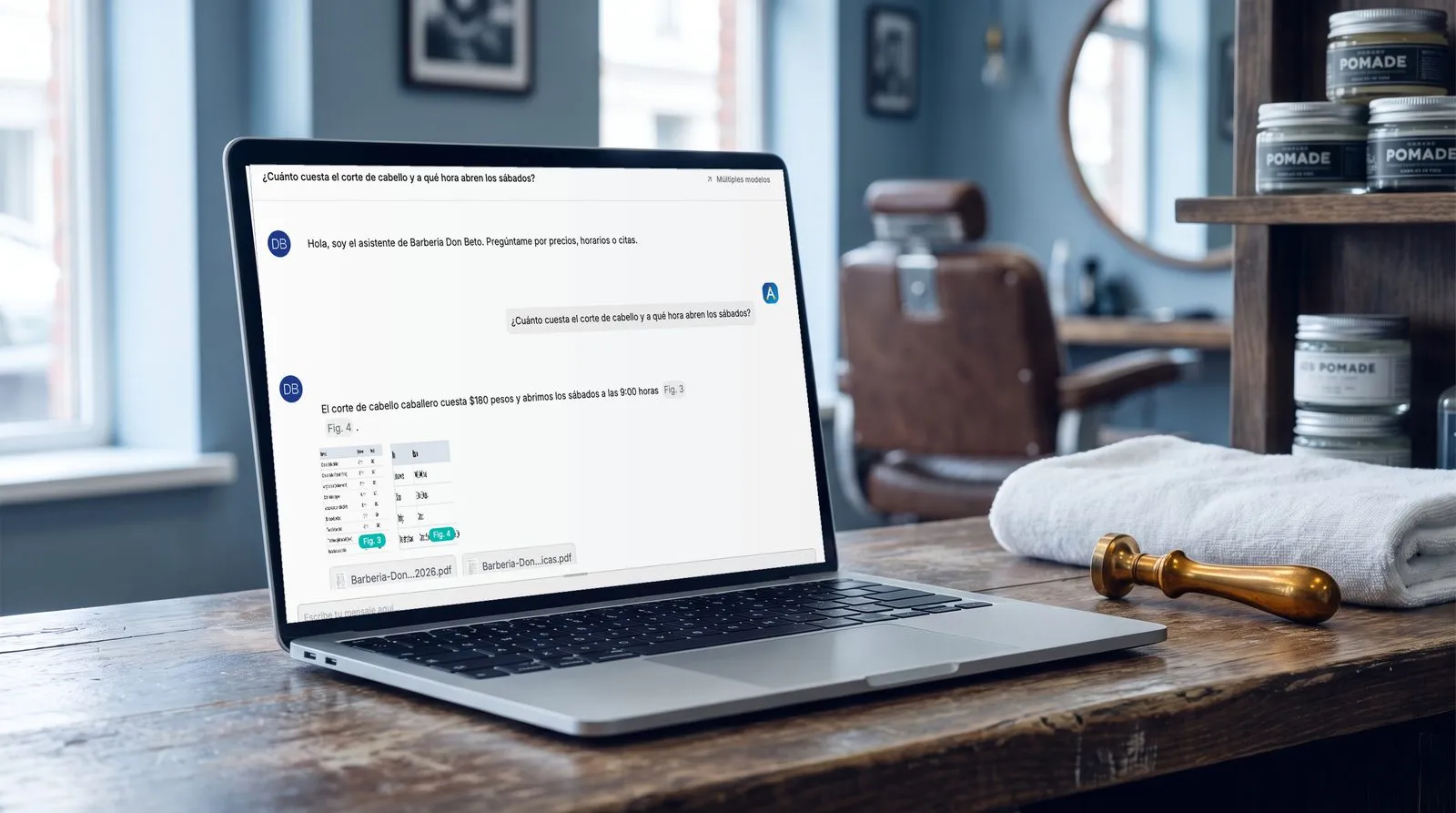 Laptop en una barbería mostrando la respuesta real de ARIA RAG con citas a la lista de precios y al reglamento