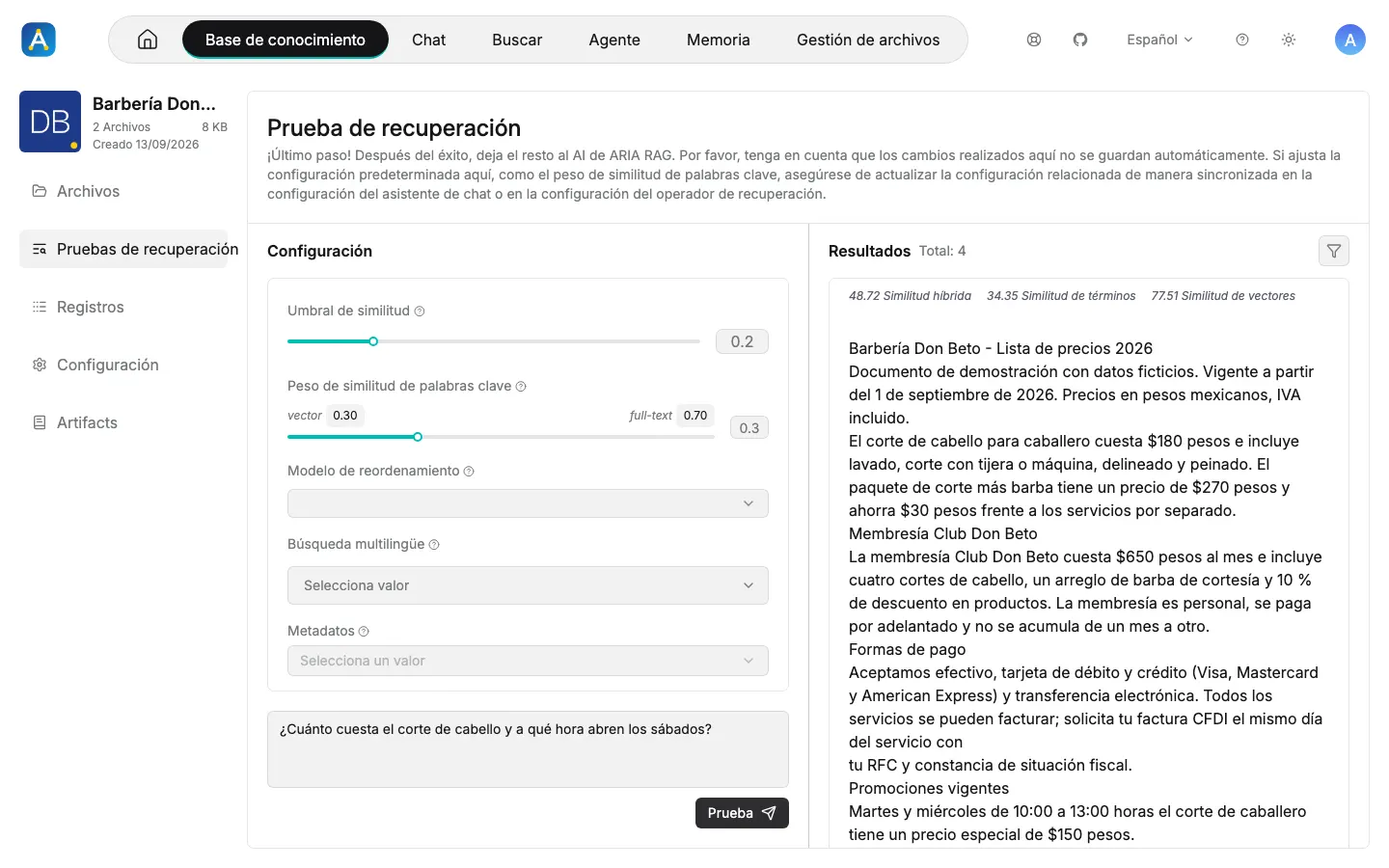 Prueba de recuperación con umbral de similitud y resultados con puntaje híbrido