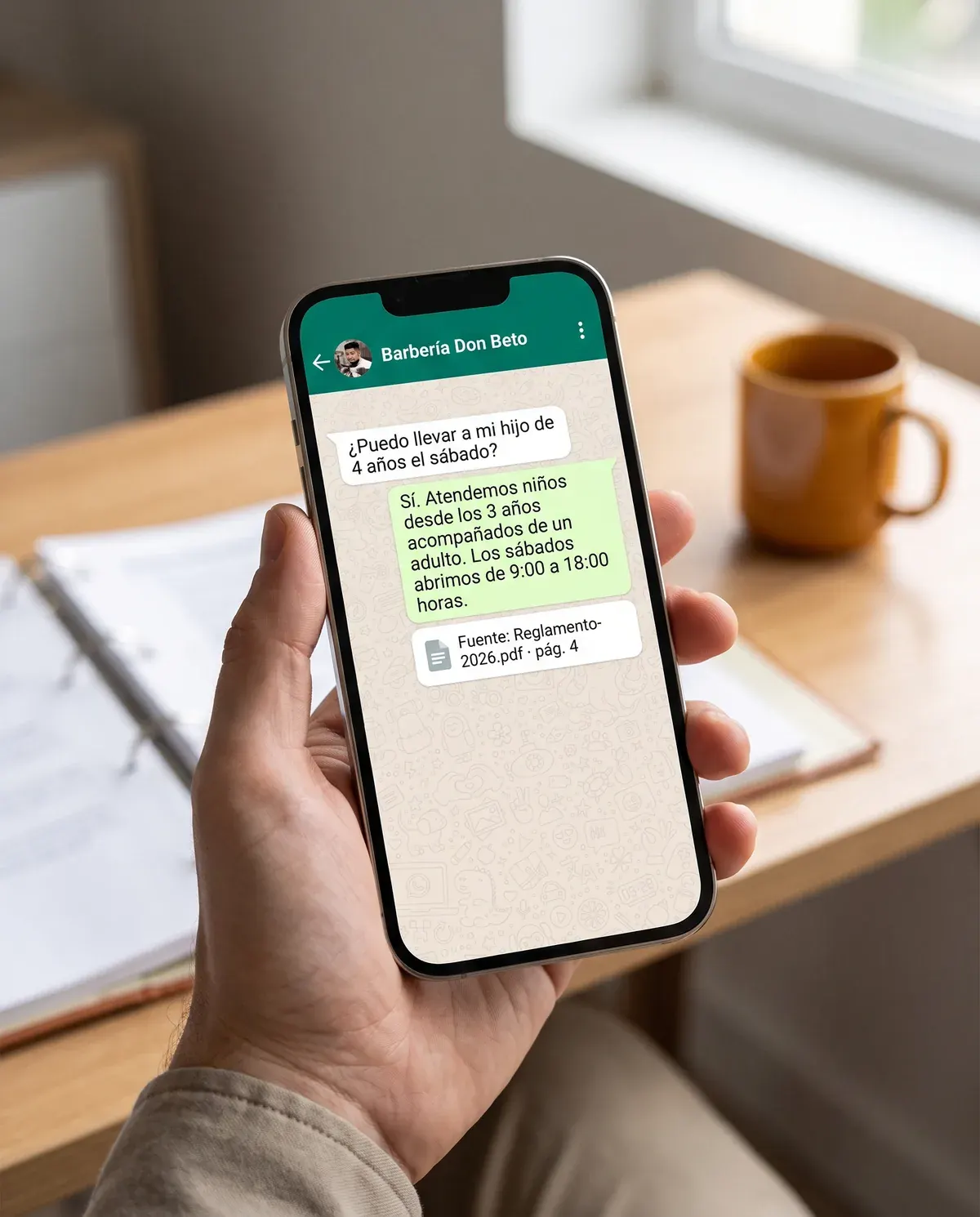 Concepto: conversación de WhatsApp donde el asistente responde con una tarjeta de fuente (Reglamento-2026.pdf, página 4)